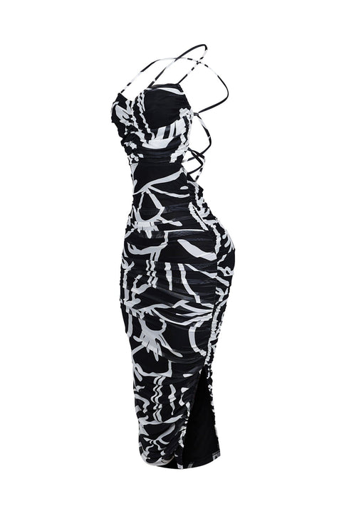 Cinna Mesh Print Ruched Midi Dress
